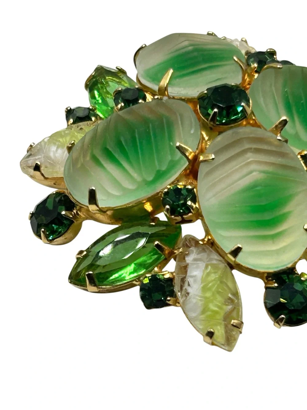 Vintage Green Molded Art Glass Rhinestone Brooch